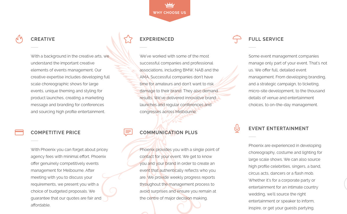 Phoenix Creative Management homepage copywriting